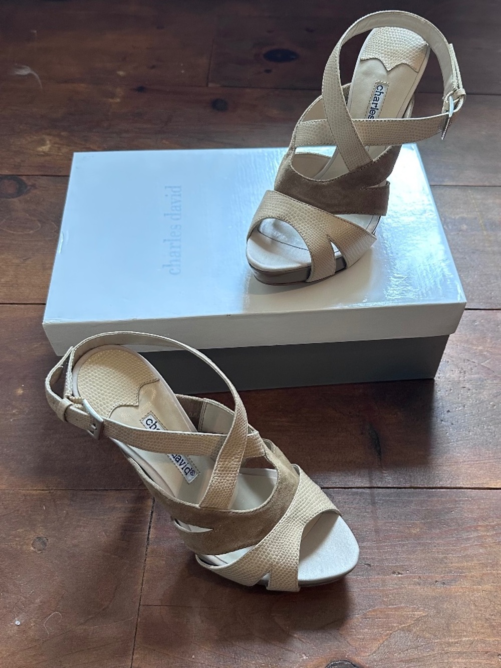 Charles David Feign Ankle Strap Taupe Pointed Toe Heels US 6 B Stiletto